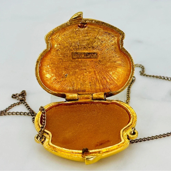 Vintage Corday Perfume Purse Necklace Butterfly Gold Tone Signed 24” Chain - Picture 2 of 11